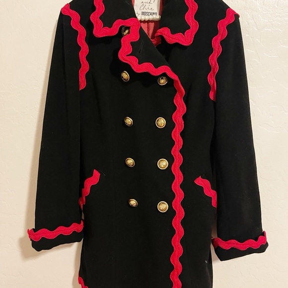 90s Vintage Moschino Black Wool Coat Red Trim Fran Fine The Nanny Sz 8 - Picture 2 of 6